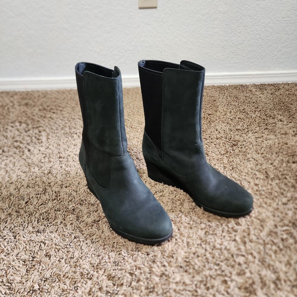 Ugg Black Leather Suede Wedge Heeled Mid-Calf Boots Waterproof Pull On Size 8